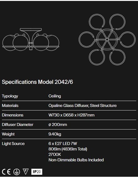 Astep Model 2042/6 6 Esferas Lámpara de Techo